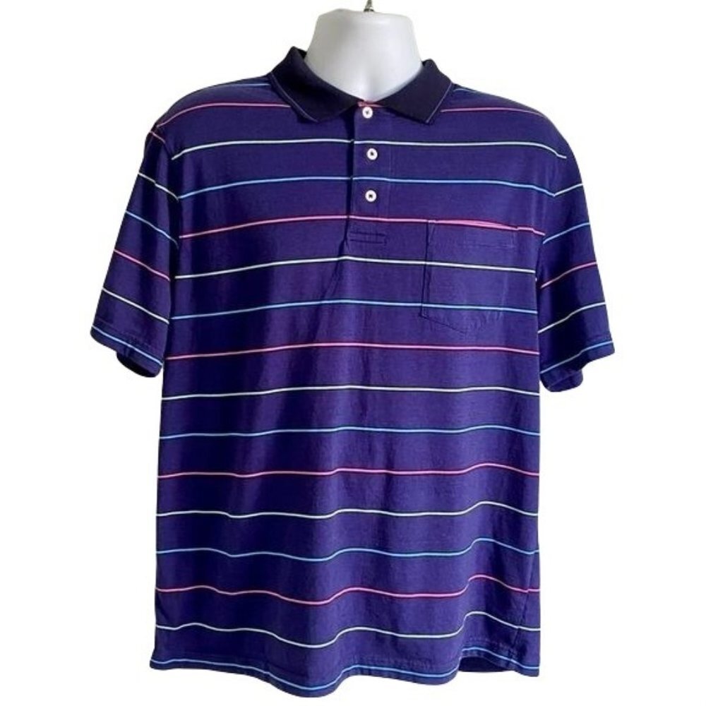 Saddlebred Blue with Colorful Stripes Polo Shirt Mens Large